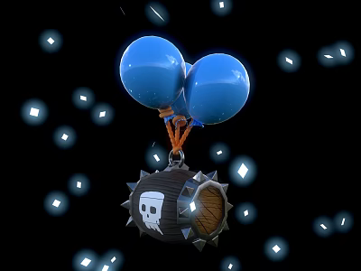 Skull Themed Doll With Hanging Blue Balloons And White Sparkles On Black Background 3d model