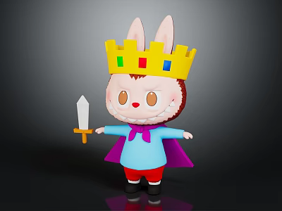 Cartoon Character With Rabbit Ears Wearing Golden Crown Holding Sword And Purple Cape 3d model