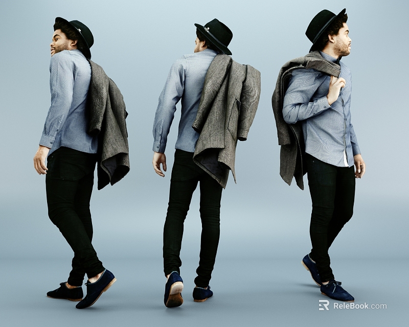 Man In Blue Shirt Black Pants And Black Hat With Gray Coat From Different Angles 3d model 