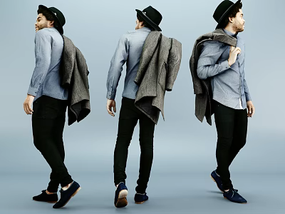 Man In Blue Shirt Black Pants And Black Hat With Gray Coat From Different Angles 3d model