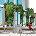 Indoor Garden Feature With Circular Water Pool Vertical Plant Wall Benches and People Resting