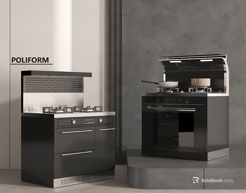 Poliform Modern Black Kitchen Stove Oven With Cooking Appliances Design 3d model 
