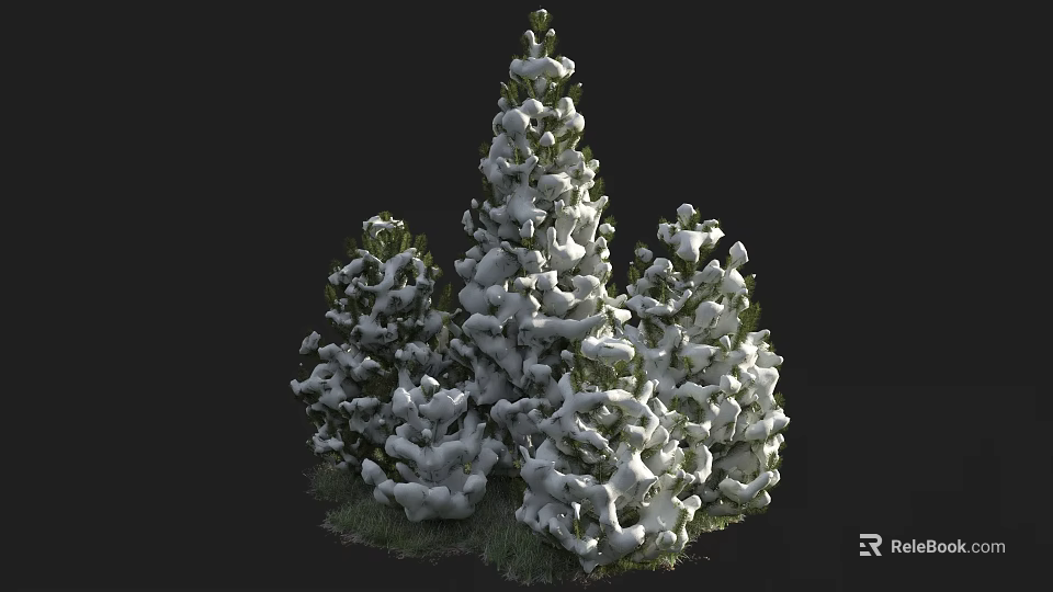 Clusters Of Green Bushes Covered With White Snow In Outdoor Scene 3d model 