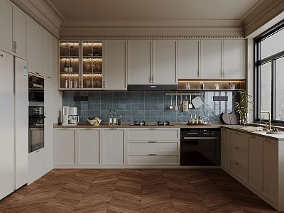 Modern Kitchen Interior With White Cabinets Blue Tiled Backsplash Hanging Utensils And Wooden Flooring 3d model