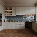 Modern Kitchen Interior With White Cabinets Blue Tiled Backsplash Hanging Utensils And Wooden Flooring