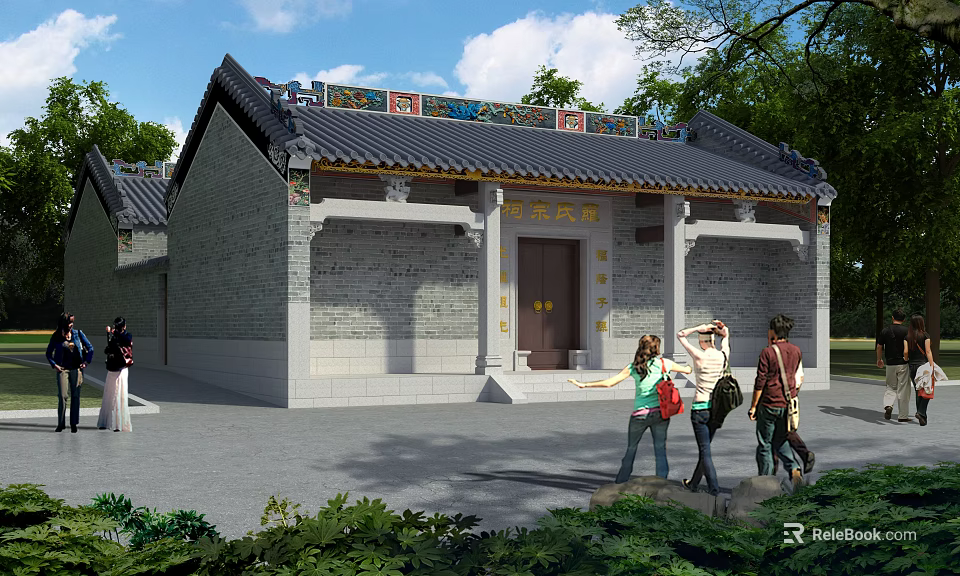 Ancient Chinese Ancestral Hall with Colorful Roof Ornaments Stone Walls and Visitors 3d model 