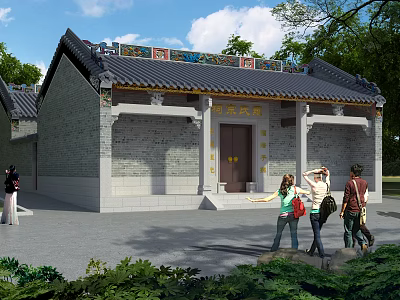 Ancient Chinese Ancestral Hall with Colorful Roof Ornaments Stone Walls and Visitors 3d model
