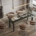 Modern Dining Room Interior With Glass Table Metal Legs And Brown Leather Chairs Hanging Light