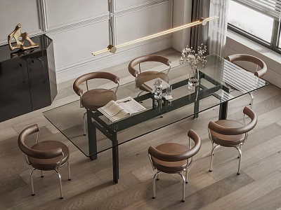 Modern Dining Room Interior With Glass Table Metal Legs And Brown Leather Chairs Hanging Light 3d model