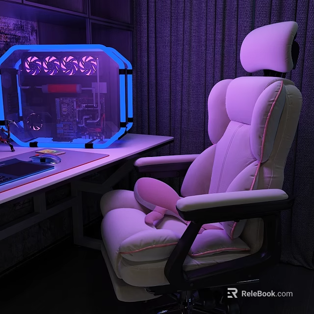 Ergonomic Gaming Office Chair with Pink Cushion and RGB Lighted Computer Setup 3d model 