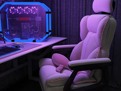Ergonomic Gaming Office Chair with Pink Cushion and RGB Lighted Computer Setup 3d model