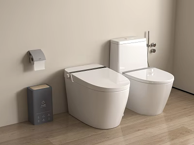 Modern Two White Toilets In Bathroom With Toilet Paper Holder Trash Bin And Wooden Floor 3d model