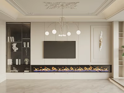Elegant Modern TV Background Wall With Flame Fireplace Chandelier And Decorative Shelves 3d model