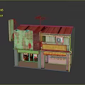 Vibrant Two Story Building Featuring Green Wall Red Roof Yellow Awning And Antenna