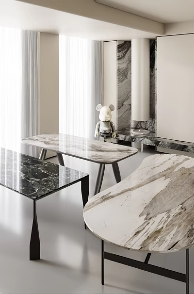 Elegant Modern Dining Tables With Marble Tabletop And Metal Frames In Bright Interior 3d model