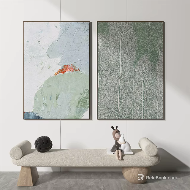 Abstract And Leaf Texture Wall Art Above Light Sofa With Stuffed Toy Black Decor 3d model