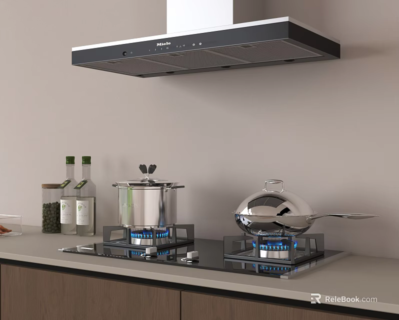 Modern Kitchen Gas Stove And Range Hood With Cooking Pots Spices On Counter 3d model 