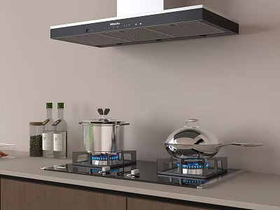 Modern Kitchen Gas Stove And Range Hood With Cooking Pots Spices On Counter 3d model
