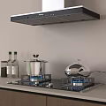 Modern Kitchen Gas Stove And Range Hood With Cooking Pots Spices On Counter