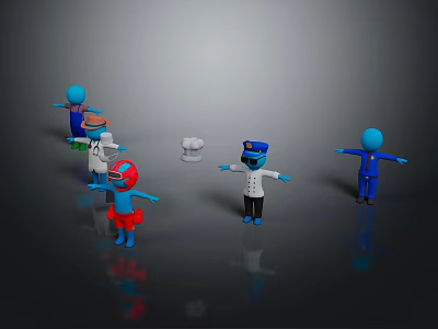 Blue Humanoid Characters And Creatures With Various Costumes Hat Wearing Uniforms And Surrounding Small Objects 3d model