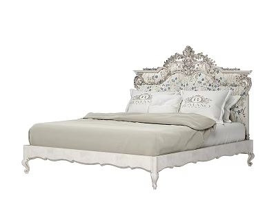 Classic European Style Double Bed With Ornate Carved Headboard Light Colored Bedding And Patterned Details 3d model