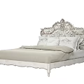Classic European Style Double Bed With Ornate Carved Headboard Light Colored Bedding And Patterned Details