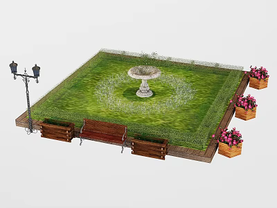 Flower Beds and Planters with Green Lawn Central Fountain Wooden Bench and Pink Flowers 3d model