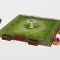 Flower Beds and Planters with Green Lawn Central Fountain Wooden Bench and Pink Flowers