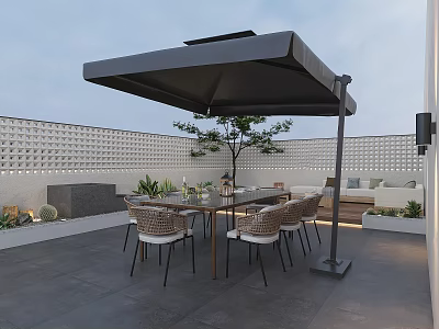 Roof Garden Outdoor Dining Area With Black Retractable Awning Wooden Table Woven Chairs Potted Plants And Perforated Walls 3d model