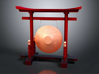 Traditional Red Torii Frame Bronze Gong Hanging Musical Instrument With Decorative Pillars 3d model