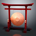 Traditional Red Torii Frame Bronze Gong Hanging Musical Instrument With Decorative Pillars