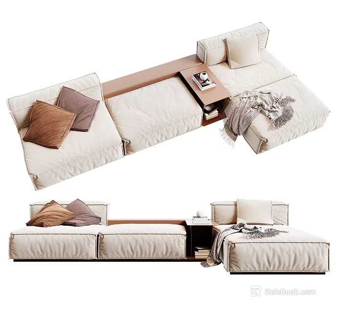 Modern Beige Sectional Sofa with Decorative Pillows Side Table and Throw Blanket 3d model
