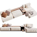Modern Beige Sectional Sofa with Decorative Pillows Side Table and Throw Blanket 3d model