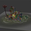 Colorful Characters And Mechanical Creatures In Watery Scene With Pipes And Lanterns