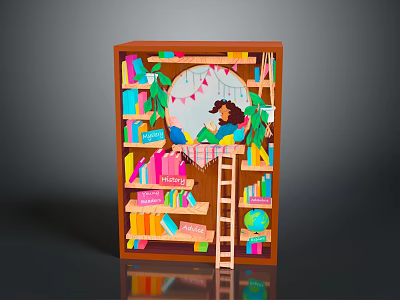 Scenic Bookshelf Reading Nook With Colorful Books Wooden Ladder Green Plants And Girl Reading 3d model