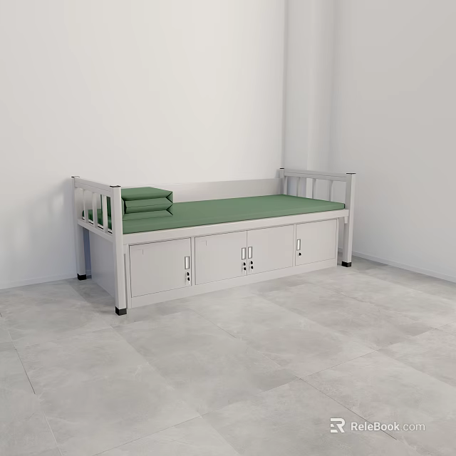 Single Bed With White Frame Green Mattress Side Rails And Storage Drawers 3d model 