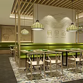 Modern Restaurant Interior Design With Wooden Ceiling Hanging Lamps And Green Seats