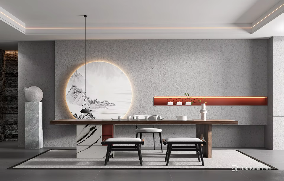 Modern Tea Room Interior Design With Round Landscape Painting Wooden Long Table And Black Stools 3d model 