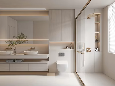 Modern Bathroom Interior With Double Vanity Large Mirror Glass Shower And Cabinets 3d model
