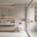 Modern Bathroom Interior With Double Vanity Large Mirror Glass Shower And Cabinets