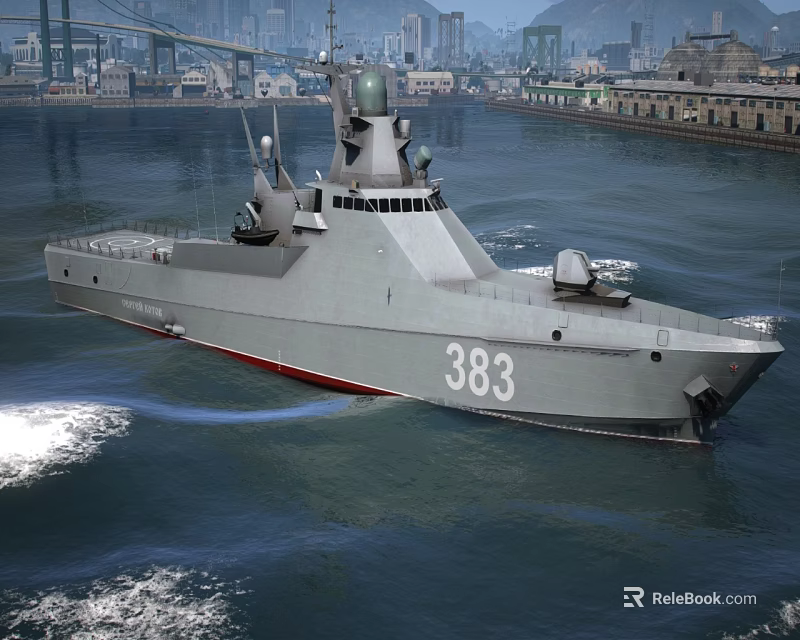 Modern Warship Number 383 Sailing On Water By City Infrastructure 3d model 