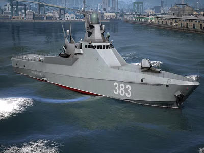Modern Warship Number 383 Sailing On Water By City Infrastructure 3d model