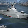 Modern Warship Number 383 Sailing On Water By City Infrastructure