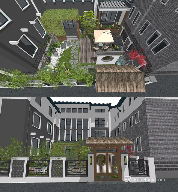 Traditional Detached Villa With Courtyard Greenery And Wooden Roof Design 3d model 