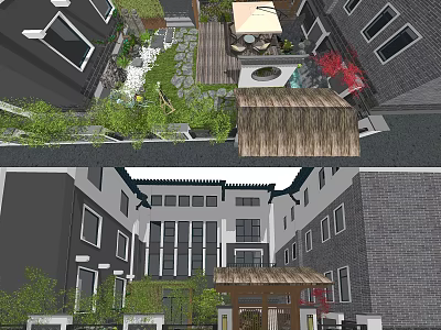 Traditional Detached Villa With Courtyard Greenery And Wooden Roof Design 3d model
