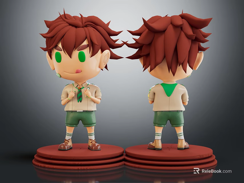 Cartoon Character 3D Model Showing Front Back Views Brown Hair Green Eyes Red Base 3d model 