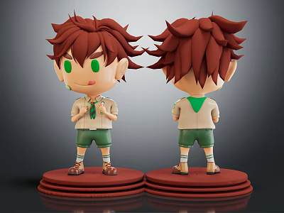 Cartoon Character 3D Model Showing Front Back Views Brown Hair Green Eyes Red Base 3d model
