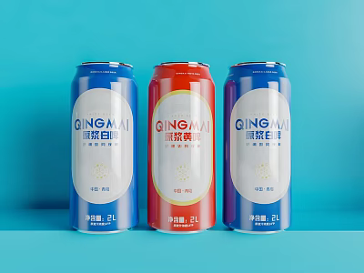 Three GINGMAI Canned Drinks In Blue Red Colors On Blue Background 3d model