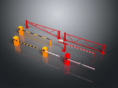 Building Entrance Security Barrier Systems With Red And Yellow Gates And Railings 3d model