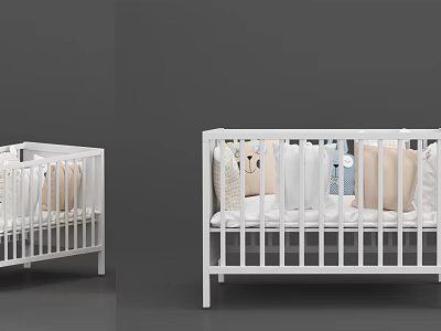 Modern White Baby Crib With Soft Pillows And Bedding For Nursery 3d model